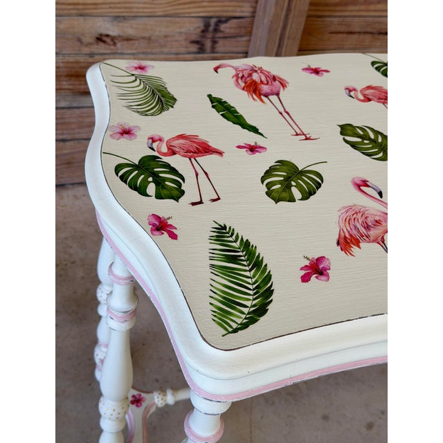 Antique Console Table With Custom Flamingo Decoupage Top | Hand-Painted Coastal Piece For Sale - Image 4 of 12