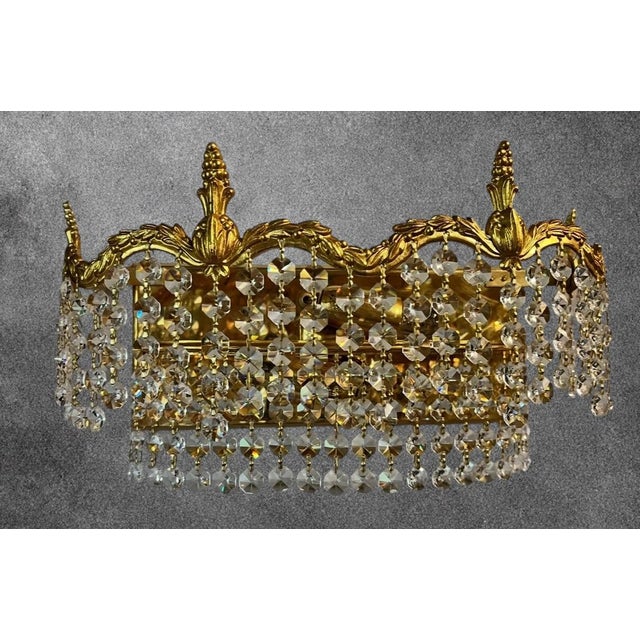 Large Antique Brass Wall Lamp with Swarovski Crystals, 1940s, in Very Good conditions. Designed 1920 to 1949 Up to 250V...