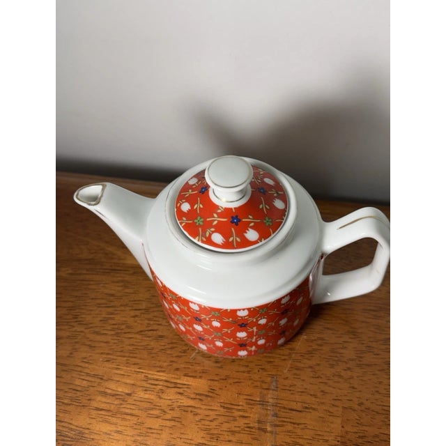 Vintage Floral Teapot Red White Porcelain | Mid Century Style Tea Pot For Sale - Image 4 of 14