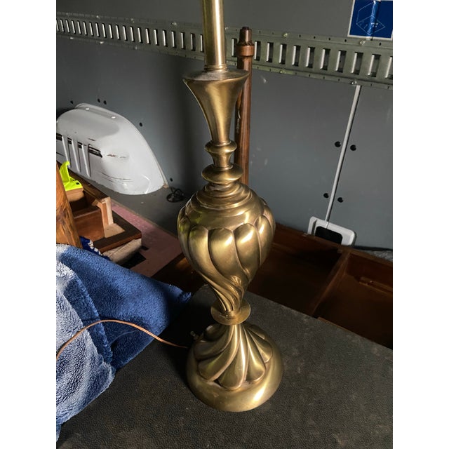 Metal 1950s Rembrandt Masterpiece Collection Brass Swirl Table Lamps Milk Glass Diffuser a Pair For Sale - Image 7 of 12