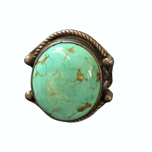 Native American Vintage Signed Sterling Royston Turquoise Navajo Twisted Rope Bezel Ring Size 8.25 For Sale - Image 3 of 7