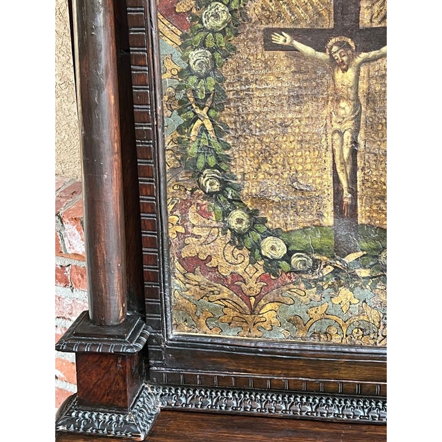 Antique French Gothic Devotional Cabinet Religious Painting Carved Oak Kneeler For Sale - Image 15 of 18