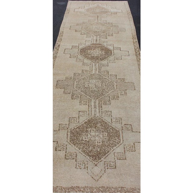 Vintage Hand Knotted Turkish Oushak Runner With Geometric Design in Ivory, L.Brown and Taupe For Sale In Atlanta - Image 6 of 13