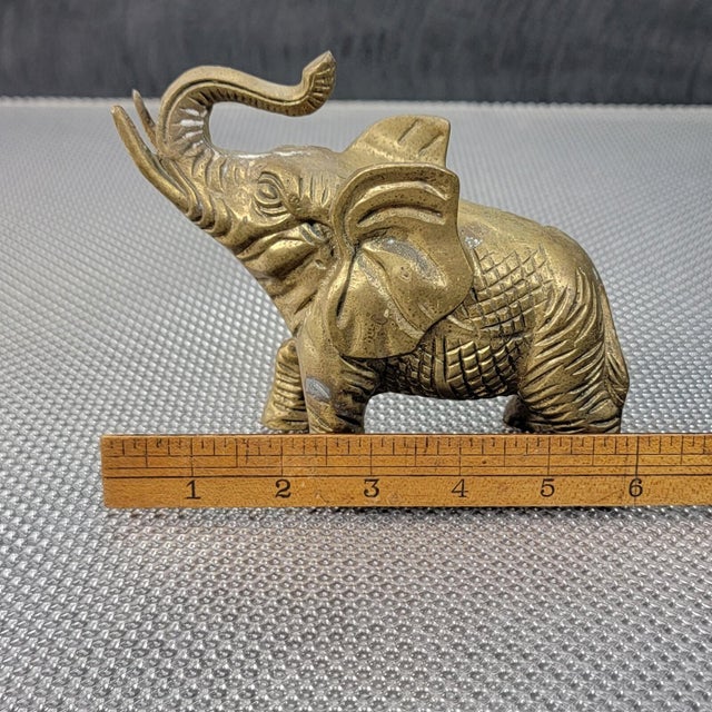 1950s Etched Solid Brass Elephant Figurine Trunk Up For Sale - Image 9 of 13