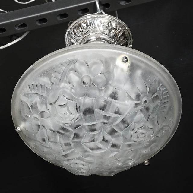 Art Deco Frosted Glass Floral Cubist Chandelier W/ Chrome Fittings Signed Degué For Sale - Image 15 of 18