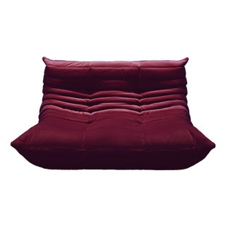 Vintage Two-Seater Togo Sofa in Burgundy Velvet by Michel Ducaroy for Ligne Roset, 1970s For Sale