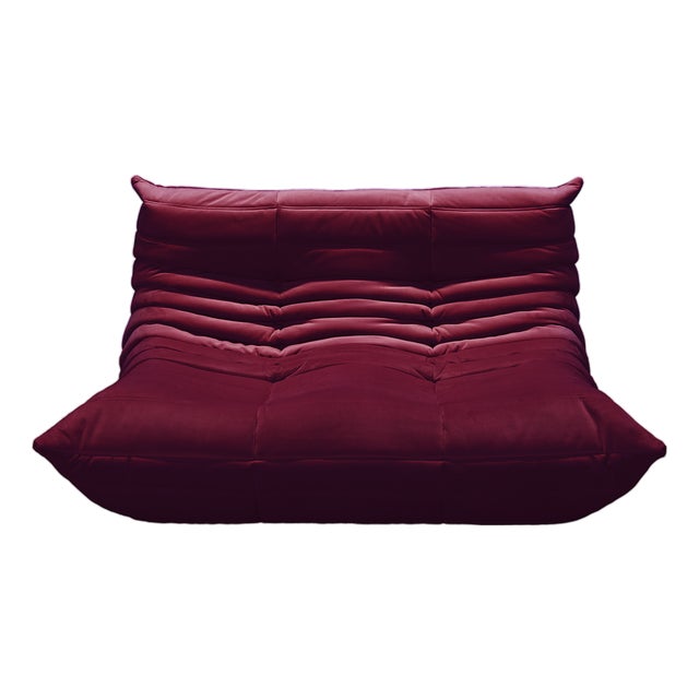 Vintage Two-Seater Togo Sofa in Burgundy Velvet by Michel Ducaroy for Ligne Roset, 1970s For Sale