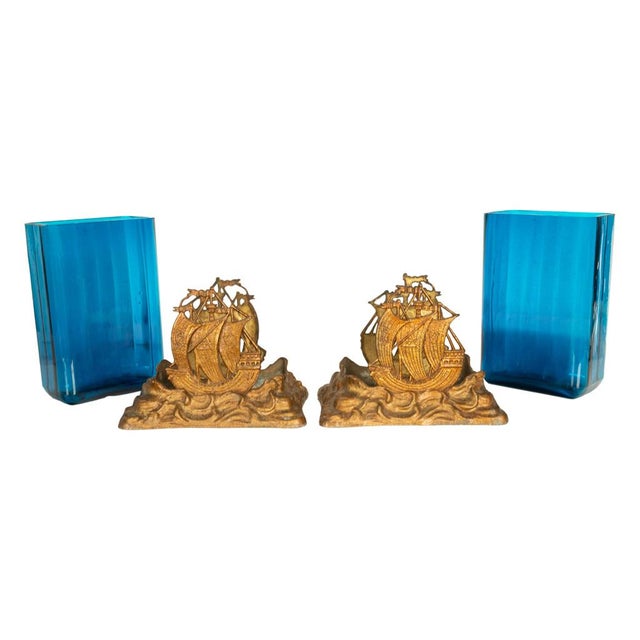 Antique American Art Deco Brass Glass Vases Ship Bookends Bradley & Hubbard 1925 For Sale - Image 12 of 13