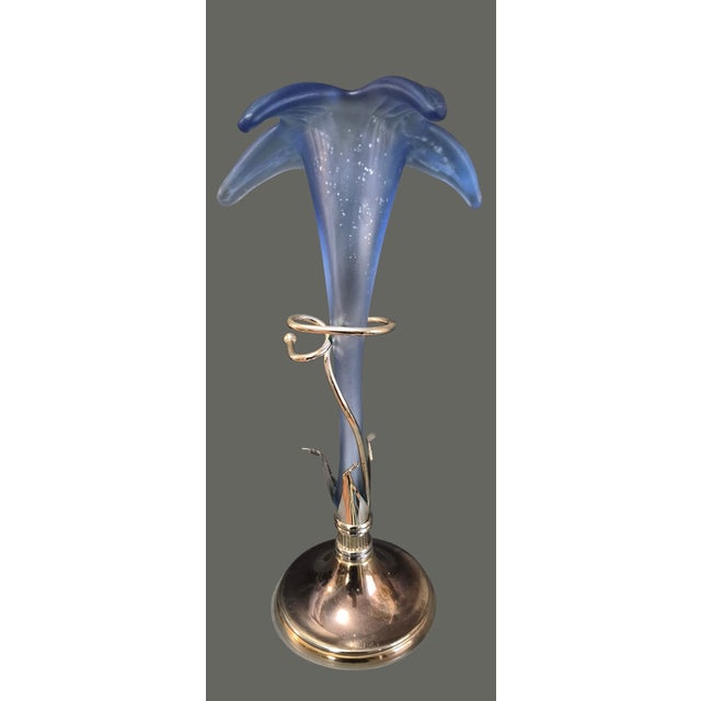 Vintage Blue Satin Glass Lily Epergne Vase on Metal Silvered Stand For Sale - Image 4 of 8
