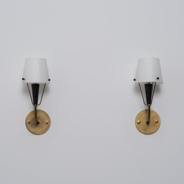 Mid-Century Modern Italian Brass, Black Metal and Opaline Glass Wall Sconces, 1950s, Set of 2 For Sale - Image 3 of 11