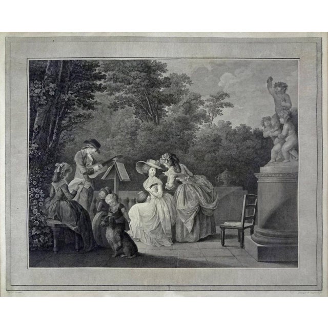 Museum quality pair of late 18th C French copper engravings depicting refined outdoor musical gatherings, beautifully...