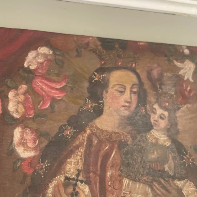 Traditional Antique Cusco School Painting on Wood of Virgin and Child For Sale - Image 3 of 12