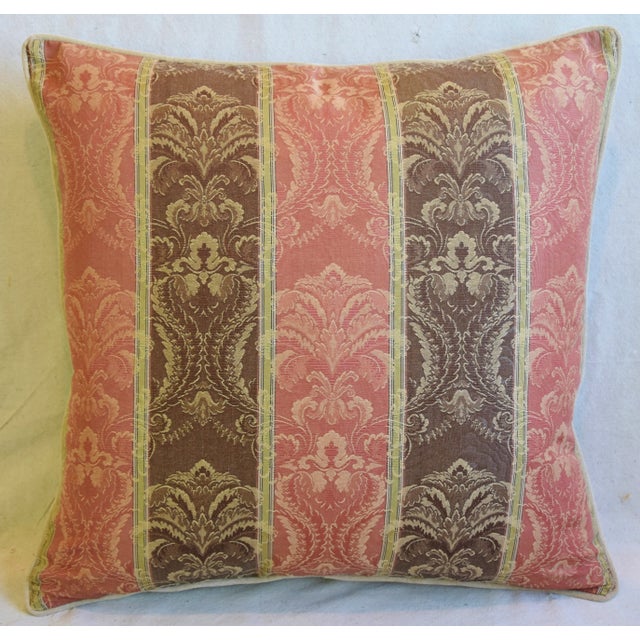 Custom-tailored pillow in French Pierre Frey cotton fabric depicting an old-world woven design on a background of pink and...