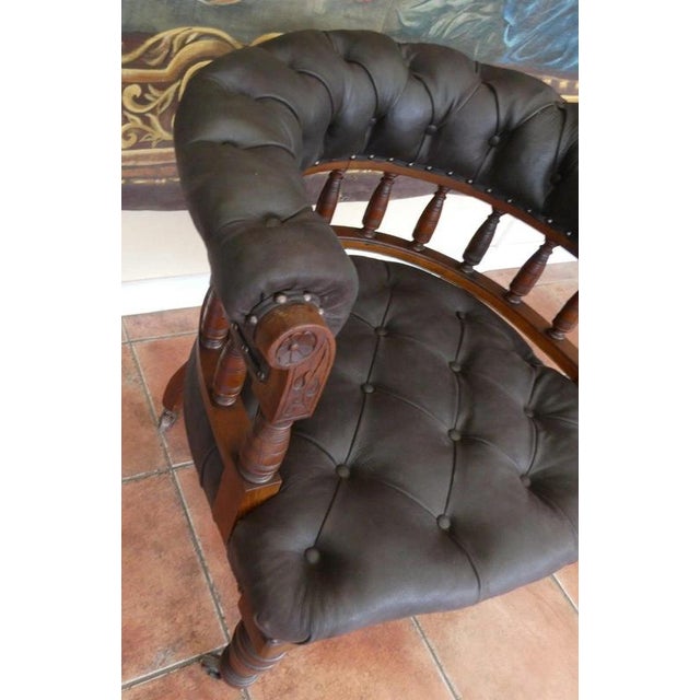Brown Large Antique English Oak and Brown Leather Office Chair, 1830 For Sale - Image 8 of 14