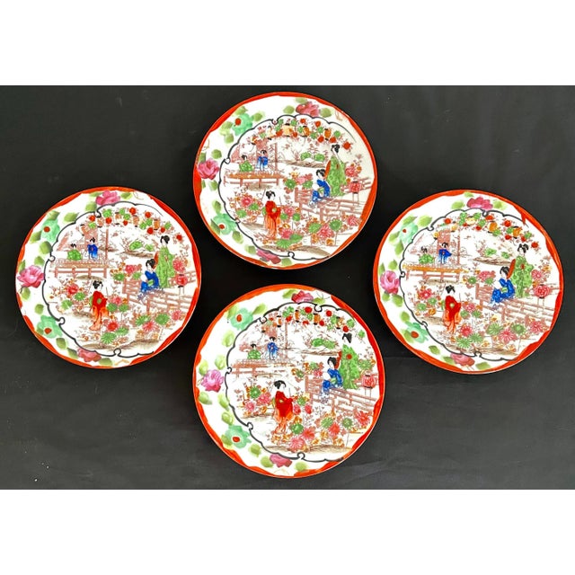 1920’s Antique Japanese Chinoiserie Hand Painted Traditional Geisha Girl & Pagoda Plates & Small Bowls - a 25 Piece Set For Sale In Naples, FL - Image 6 of 12