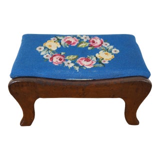 Antique Victorian Walnut Floral Needlepoint Footstool Ottoman Foot Rest Stool 15" For Sale
