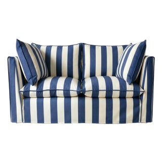 Sophie Conran Coco 2 Seater Sofa - Sea Holly Blue Wide Stripes with Knife Edge Cushion For Sale