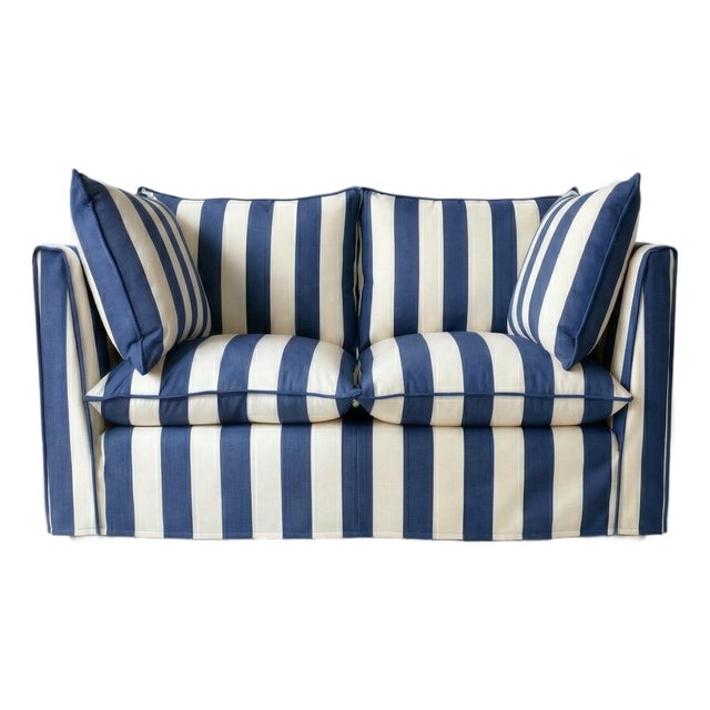 Sophie Conran Coco 2 Seater Sofa - Sea Holly Blue Wide Stripes with Knife Edge Cushion For Sale