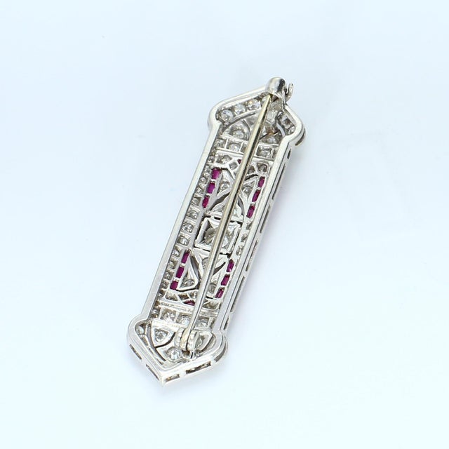 Traditional Platinum Brooch With Old European Cut Diamond and Red Accents For Sale - Image 3 of 4