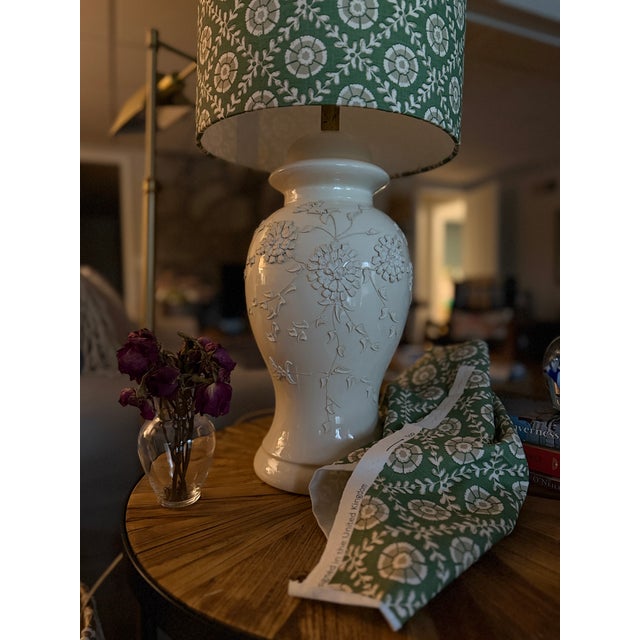 Ceramic The Ashford Lamp - Ivory Floral Ginger Jar Lamp With Handmade Sage Botanical Lampshade For Sale - Image 7 of 7