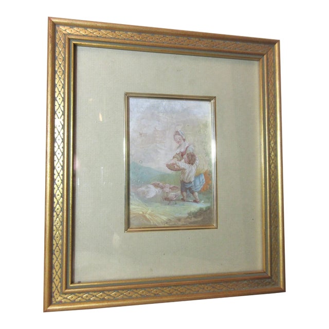 Antique Original 1869 Feeding Child Feeding Chicken Gouache Watercolor Painting For Sale