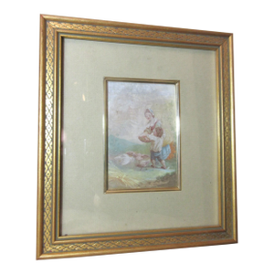 Antique Original 1869 Feeding Child Feeding Chicken Gouache Watercolor Painting