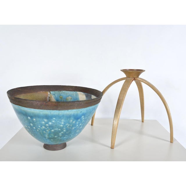 Blue 20th Century Sculpture Raku Art Pottery Stoneware Bowl on Stand from Catriona McLeod, 1970s For Sale - Image 8 of 18