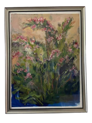 Contemporary Botanical Acrylic Painting of a Wiegelia by Marina Movshina, Framed