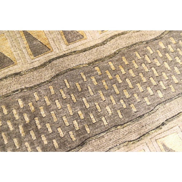 Green 6'x9' Hand-Knotted Modern Tibetan Wool & Silk Carved Linear Rug in Gold & Green For Sale - Image 8 of 10