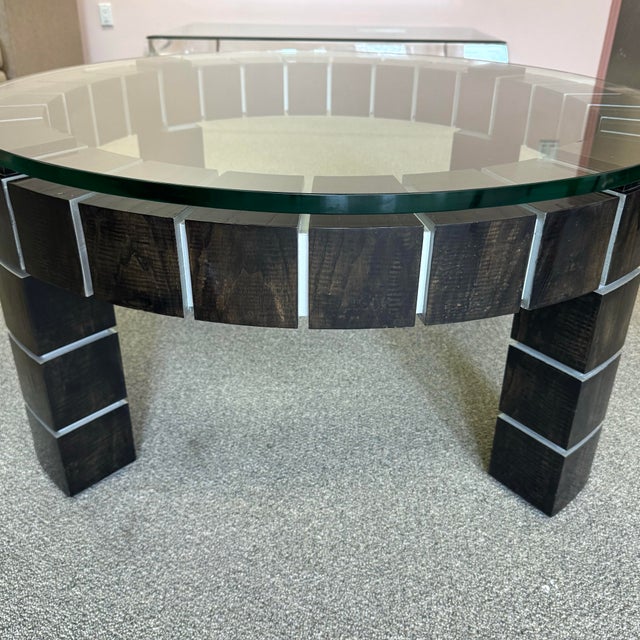 Vintage Postmodern Dark Wood Block and Glass Circular Coffee Table For Sale - Image 4 of 12