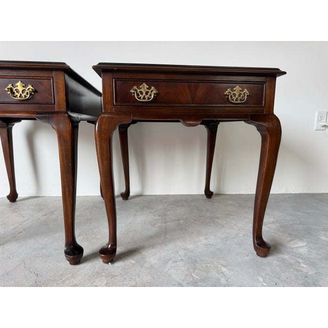 Queen Anne Vintage Drexel Queen Anne Solid Mahogany One-Drawer Nightstands – A Pair For Sale - Image 3 of 12