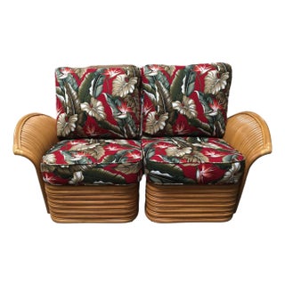 1990s Art "Hawaii" Rattan Fan Arm Two-Seat Sectional Settee Sofa For Sale