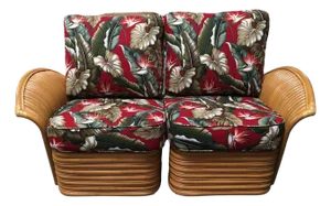 1990s Art "Hawaii" Rattan Fan Arm Two-Seat Sectional Settee Sofa