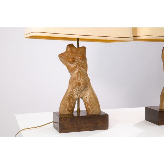 Mid-Century Modern Pair of Vintage Yasha Heifetz Sculptural Wooden Female & Male Torso Table Lamps For Sale - Image 3 of 9
