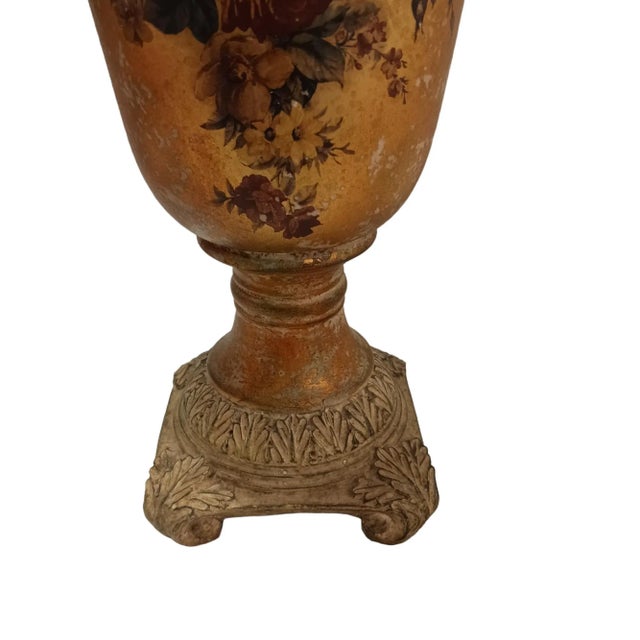 90s Ceramic Flower Vase Rose Painted Urn Tabletop Pedastle Golden Brown For Sale - Image 4 of 11