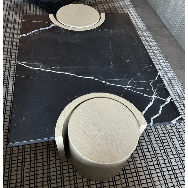 Lawson Fenning Prospect Coffee Table. This marble top table is made of a center table with two moveable round wood tables...