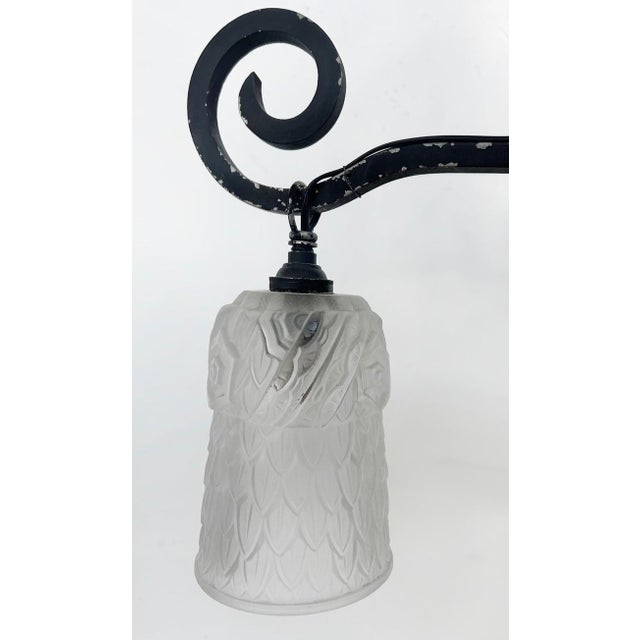Metal French Art Deco Wrought Iron, Glass Chandelier, Muller Freres Attributed, C1930 For Sale - Image 7 of 13