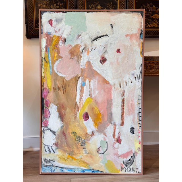 A large mixed media abstract by Virginia based artist Mary McQuate, signed lower right. The composition works across a...