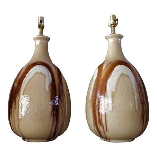 Monumental Mid-Century Raymor / Cressey Style Drip Lava Glaze Ceramic Lamps - a Pair For Sale