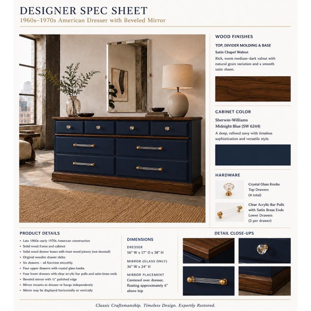 Contemporary Restored 1960s American Solid Wood Dresser With Frameless Beveled Mirror | Midnight Blue & Old Chapel Satin Walnut™ For Sale - Image 3 of 4