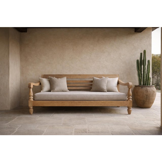 Tan Contemporary Teak Outdoor Club Bench For Sale - Image 8 of 8