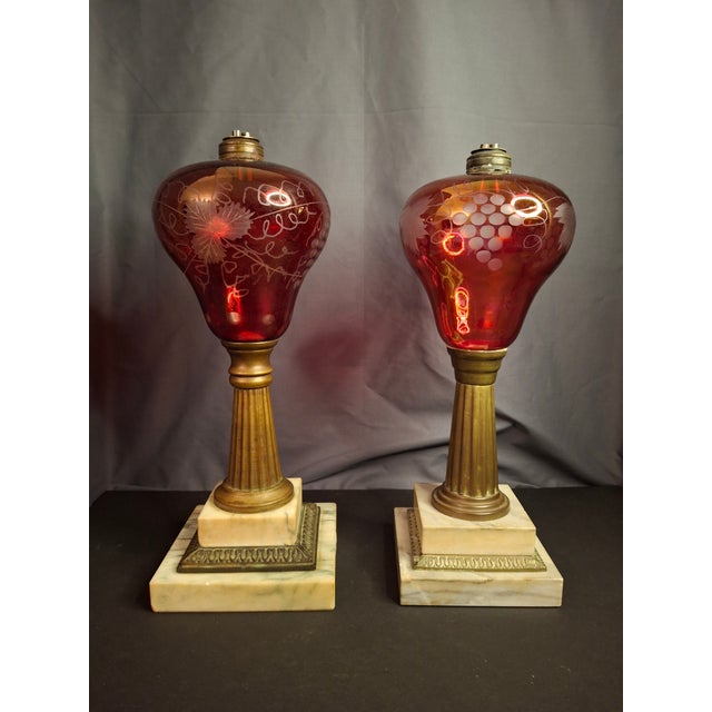 Antique Matched Pair Victorian Cranberry Cut Clear Whale Oil Lamps Glass 1850s For Sale - Image 15 of 16