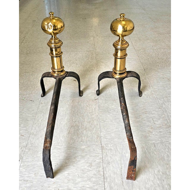Metal Pair 18th Century Early American Brass and Iron Canon Ball Andirons For Sale - Image 7 of 8