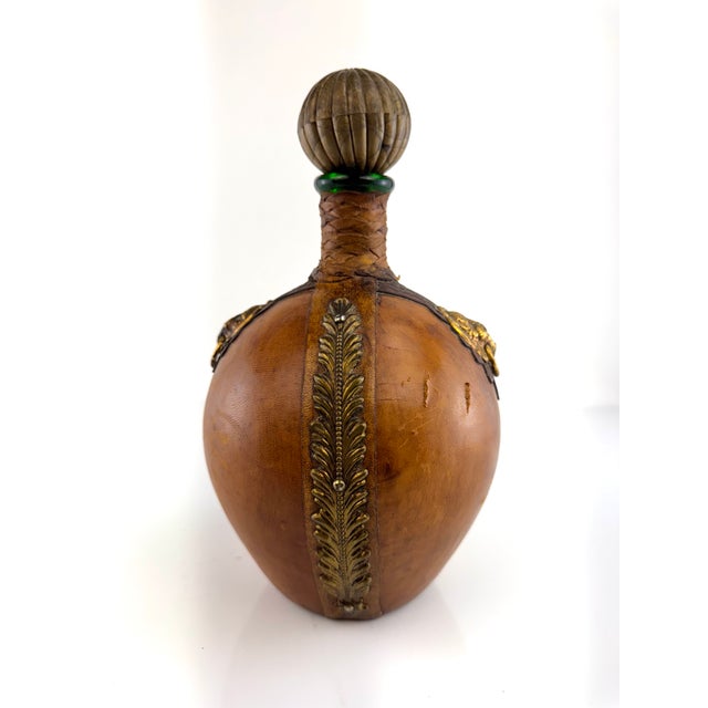 1960s Italian Leather Wrapped Decanter With Lion Head Brass Medallion For Sale - Image 11 of 13
