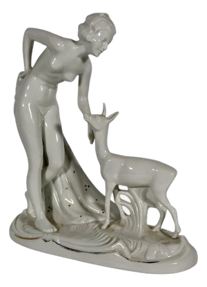 Fraureuth Porcelain Figurine Nude Maiden with Fawn