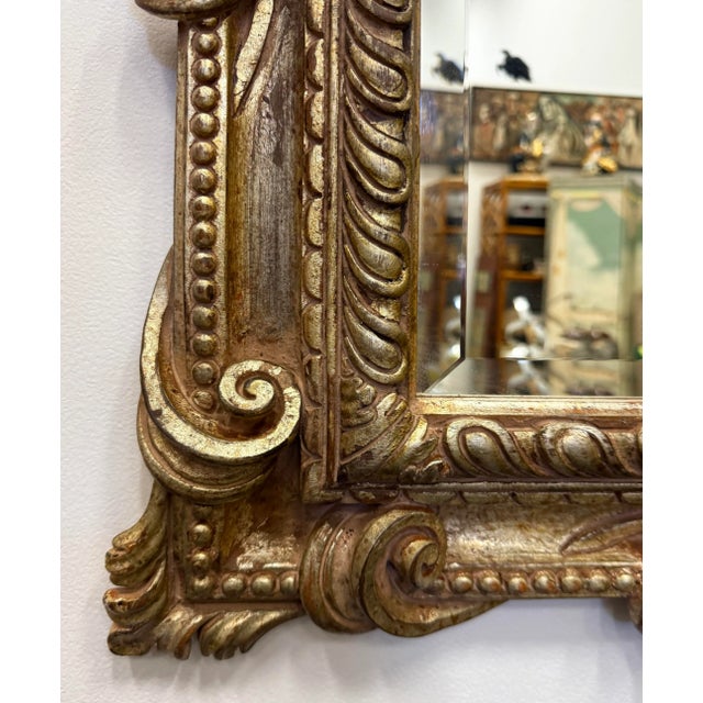 Neoclassical Vintage Overscaled Italian Neoclassical Style Carved Wood Beveled Mirror For Sale - Image 3 of 5