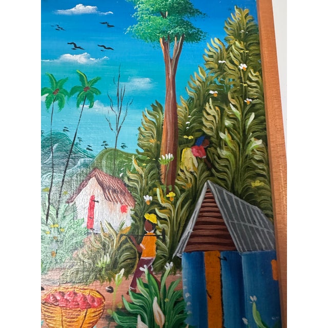 Wood Vintage Haitian Folk Art Oil Painting by Michelet, Framed Village Scene on Board For Sale - Image 7 of 7