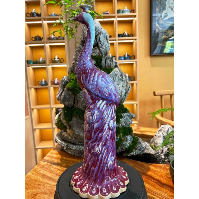 Traditional Jun Ware Flambe Glazed Peacock Sculpture – 19.7" Ceramic Bird Figure With Purple Drip Glaze For Sale - Image 3 of 3