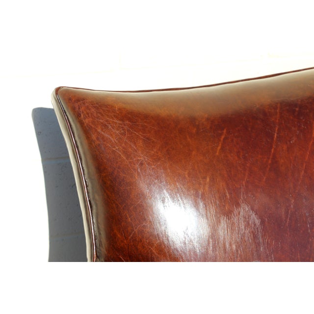 Vintage Art Deco Distressed Brown Leather Three-Seat Sofa With Mustache Back For Sale - Image 10 of 18