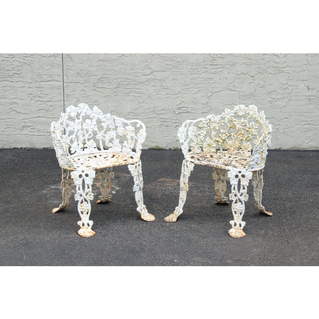 High Quality Vintage Pair of Whited Painted Cast Iron Outdoor Garden Chairs